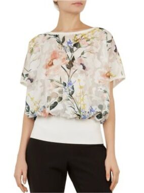 Ted Baker White Sheer Floral Sleeveless Blouse, Elastic Waste